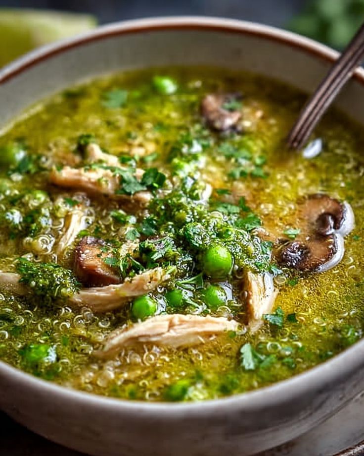 Detox Green Chicken Quinoa Soup with Mushrooms & Fresh Herb Paste
