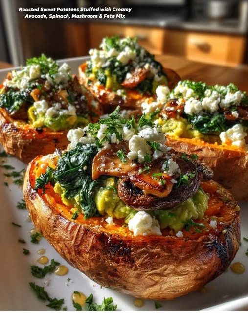 Roasted Sweet Potatoes Stuffed with Creamy Avocado, Spinach, Mushroom & Feta Mix