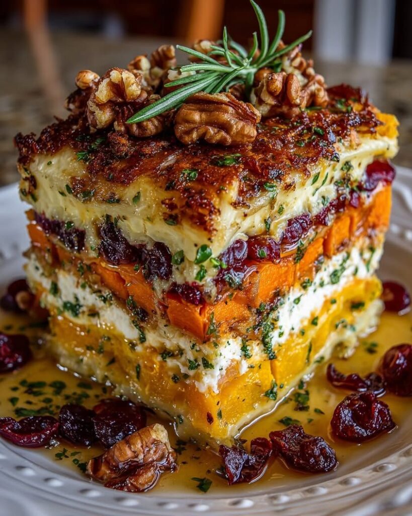 Layered Sweet Potato, Butternut Squash & Carrot Lasagna with Feta, Walnuts, and Cranberry-Honey Glaze